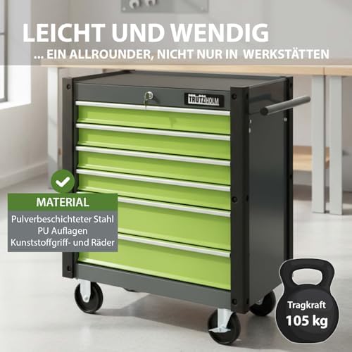 Bild 2 - TRUTZHOLM Werkstattwagen mit 6 kugelgelagerten Schubladen – abschließbar, mit Anti-Slip-Einlagen, Eckschutzleisten, 4 Rollen (2 Lenkrollen mit Bremse), Traglast 105 kg, Stahl, Schwarz-Grün