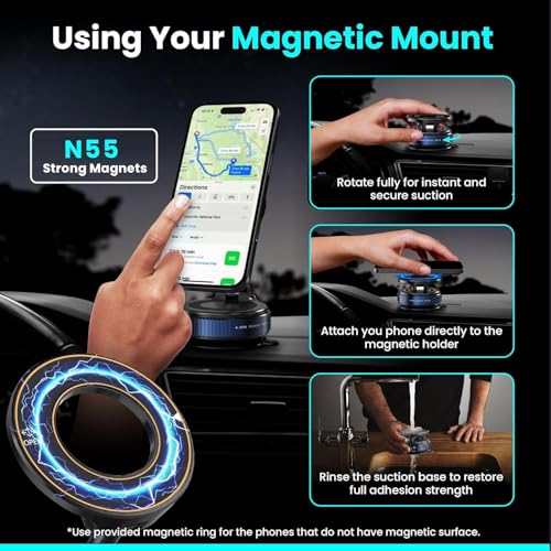 Image of Eliane Universal 360 Magnetic Car Phone Holder - Suction Cup Mount, Hands-Free Phone Stand for Car, Gym, Mirror, Shower - Compatible with All Smartphones (Extended Vacuum Magnetic Mount)