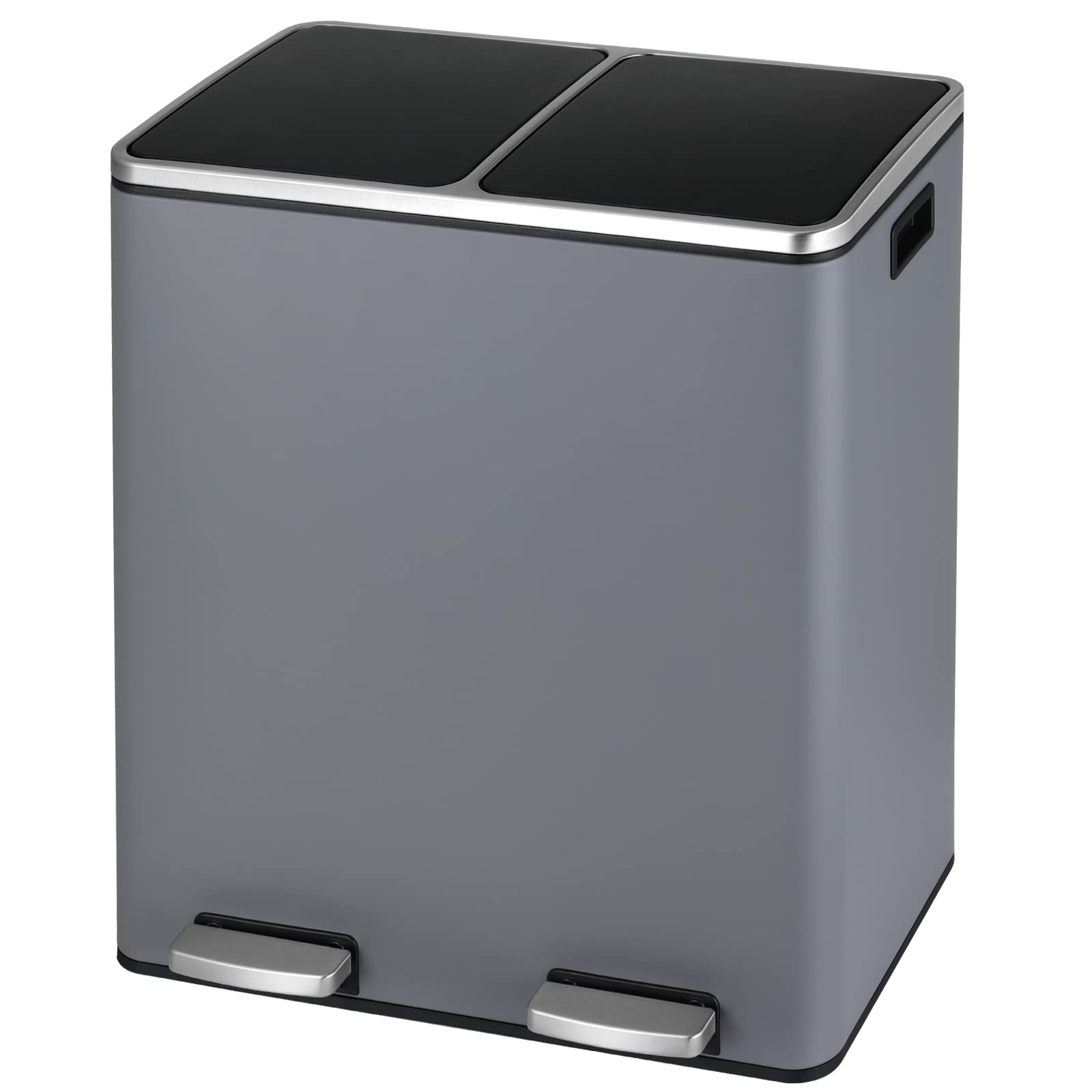 Arlopu16 GallonStainless Steel Trash Can, 60L Dual Compartment, Metal Kitchen Step Recycle Bin, Metal Double Dustbin, in-Home Garbage Rubbish Can W/Removable Liner Buckets (Grey)
