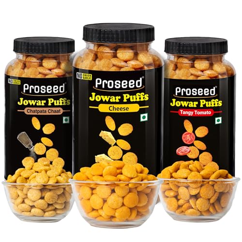 Image of Proseed Jowar Puffs (Chatpata Chaat, Cheese & Tomato) | 150g x 3 Packs (Total 450g) | Slow Roasted & 100% Veg | No Refined Flour, Sugar & Trans-Fat | Gluten Free | No Palm Oil | Healthy Millet Snacks