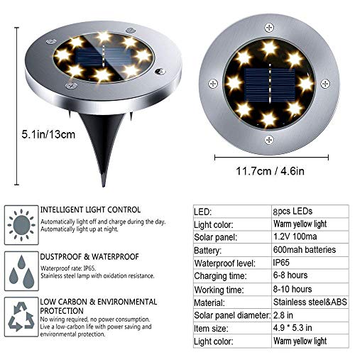 Solar Ground Lights - 8 Led Solar Garden Lights Outdoor，Disk Lights Waterproof In-Ground Outdoor Landscape Lighting for Lawn Patio Pathway Yard Deck Walkway Flood Light Dekugaa (8)