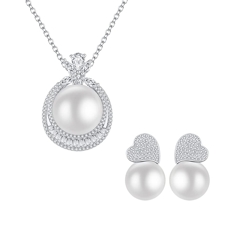 925 Sterlingsilber 14mm Perlenanhänger Halskette Ohrringe Hochzeitsschmuck Sets für Frauen