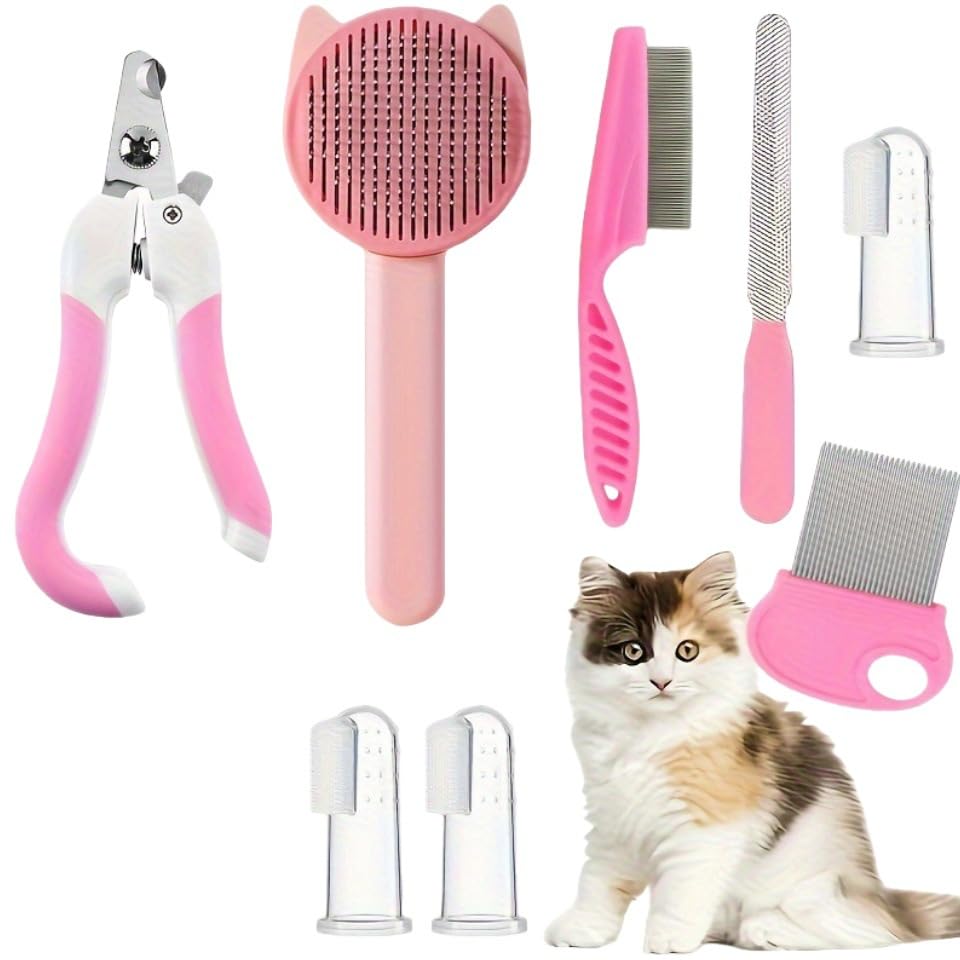 9 in 1 Pet Grooming Kit Self Cleaning Slicker Brush Nail Clippers File Comb and Toothbrush for Cats Dogs Small Animals Pink