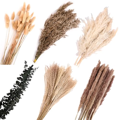 Pampas Secas Decoracion, 110 Piezas Flores Secas Naturales, Flores Secas Decoracion Hogar, Flores Boho, Pampa Esponjosas con Hojas de Eucalipto para Decoracion Habitacion, Mesa en Casa, Fiestas Bodas