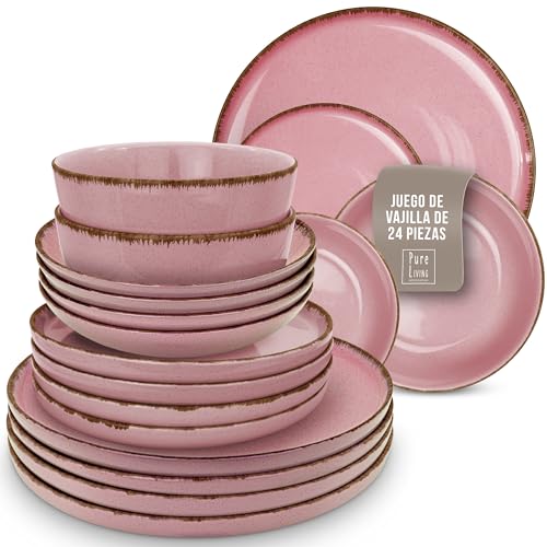 Vajillas para 6 Personas, Set de Steingut Rustic de 24 Piezas - Diseño Rústico y Moderno, Apto para Lavavajillas - Juego de Platos y Cuencos - Vajilla Pure Living en Color Rosa