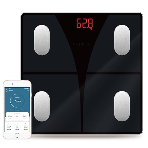 NUTRI FIT Báscula para peso corporal y porcentaje de grasa, pantalla LED inteligente con Bluetooth para baño, 15 analizadores de composición