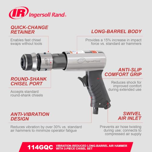 Image of Ingersoll Rand 114GCQ EDGE Series 2 5 /8 inch Stroke Air Hammer Kit | Includes 3 chisel attachments, 3,500 BPM max, ideal for exhaust system repairs and general maintenance tasks
