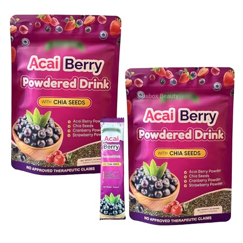 2-Pack Ftgum Acai Berry Powdered Drink with Chia Seeds | Acai Strawberry & Cranberry Blend | 4g x 20 Sachets