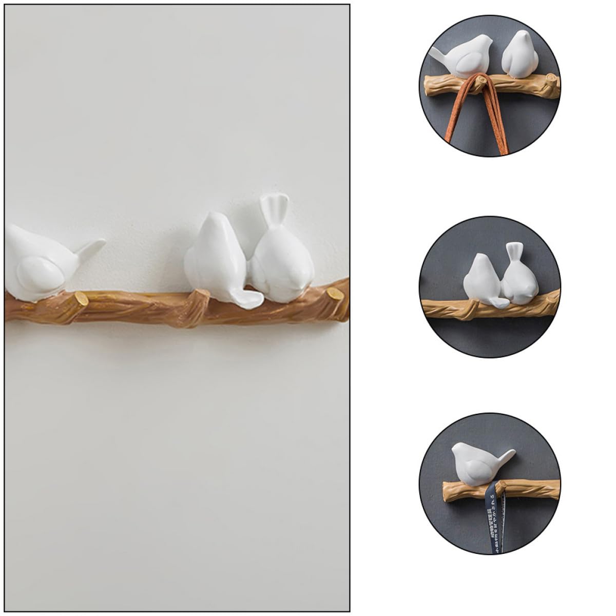Gancho de Pared Rústico de Resina Diseño de Tres Pájaros Claros sobre Rama, Perchero Decorativo para Abrigos y Sombreros, Colgador Funcional para Hogar y Oficina
