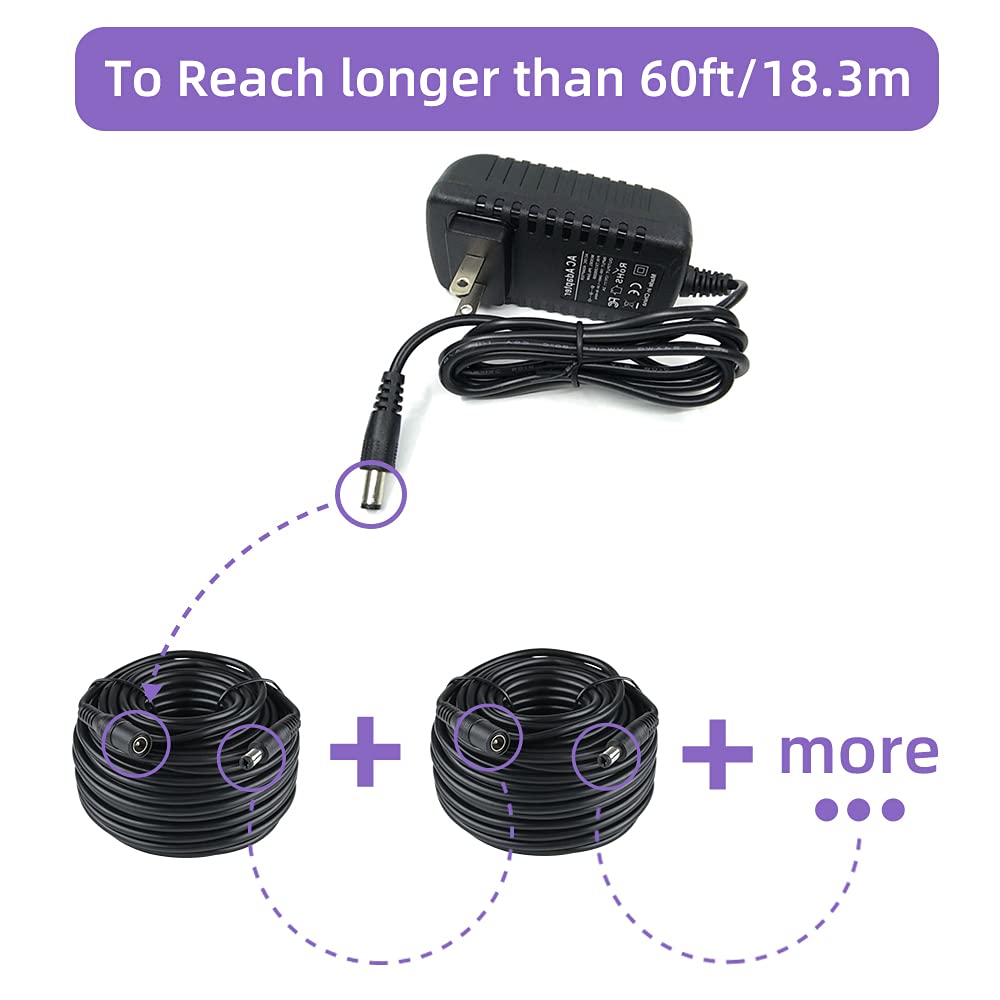 DC-Netzteil-Verlängerungskabel, 18 m, 2,1 mm x 5,5 mm, 12 V, kompatibel mit 12 V DC Netzadapter, LED, CCTV-Kamera, Sicherheitskamera, DVR