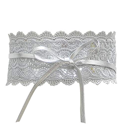 Women's Lace Waist Belt Bow Tie Wrap Around Soft Leather Boho Corset Fashion Elegant for Dresses (Silver),Large