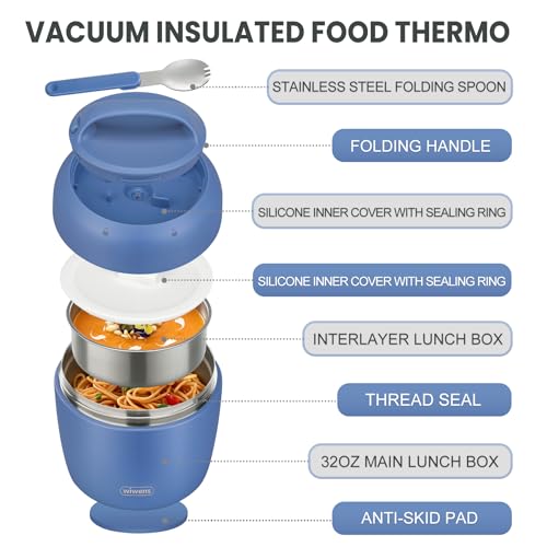 Image of wiwens Thermo Food Jar for Hot Food Adults 32OZ Soup Thermo Lunch Containers Wide Mouth Vacuum Insulated Stainless Steel Leakproof Bento Box with Spoon