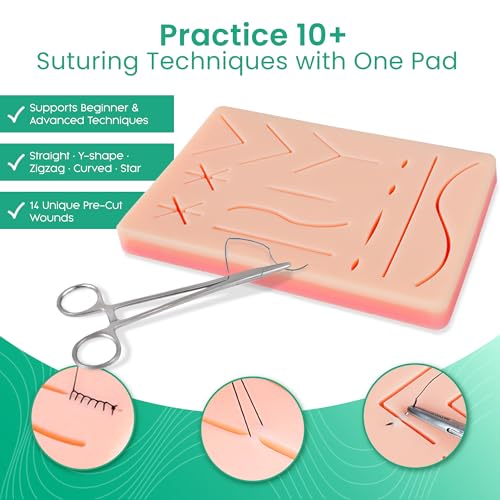 Image of Suture Practice Kit, 32 Pc Suturing Kit with Large Silicone Pad & Tools | 3 layer suture pad with precut wounds, stainless steel hemostat, forceps & scissors, training & education use only