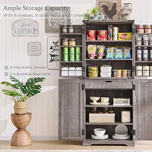 72" Tall Kitchen Pantry, Farmhouse Storage Cabinet with Barn Doors, Organizer, Drawer and Adjustable Shelves, Rustic Wood Cupboard for Kitchen, Dining Room, Bathroom and Hallway, Rustic Grey 72 Tall Kitchen Pantry Farmhouse Storage Cabinet with Barn Doors Organizer Drawer and Adjustable Shelves Rustic Wood Cupboard for Kitchen Dining Room Bathroom and Hallway Rustic Grey