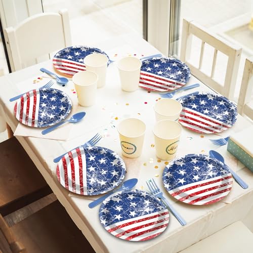 Image of Qyeahkj 48 Pcs 4th of July Party Plates Independence Day Disposable Paper Dessert Plates Supplies for American Flag Party Plates Dessert Plates Tableware Decorations