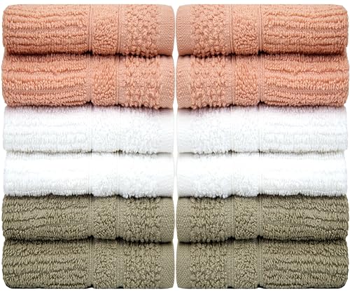 Image of PH Pleasant Home Ribbed Wash Cloths Set - 12 Pack (12 inch x 12 inch) - 509 GSM - 100% Ring Spun Cotton Wash Cloth - Super Soft and Highly Absorbent Face Towels (Blush,White & Tan)