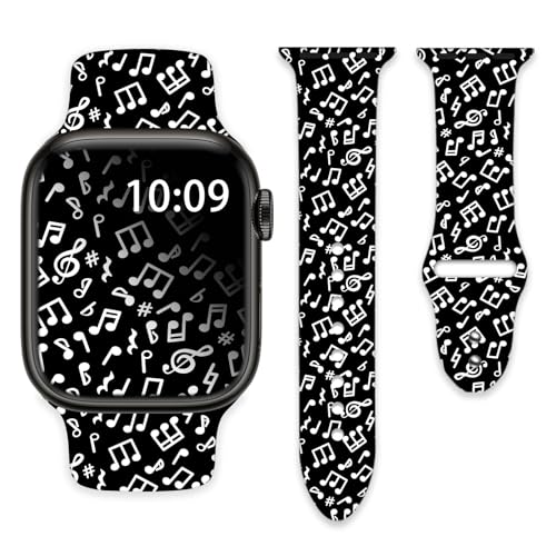 Black Music Notes Watch Bands Compatible with Apple Watch 38mm 40mm 41mm for Women Men Silicone Wristbands Strap Replacement for IWatch Series SE 8 7 6 5 4 3 2 1