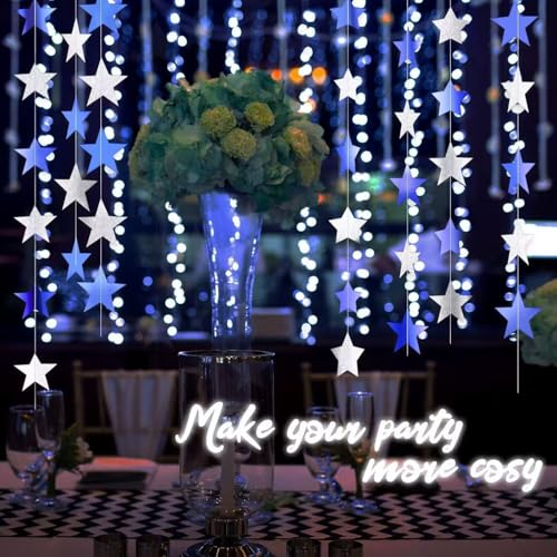 Image of Blue Silver Glitter Star Garland Hanging Decorations, Streamer Bunting Banner Decorations,65 Feet, Twinkle Star Backdrop for Graduation, Birthday, Wedding, Christmas Party, New Year(Blue Silver)