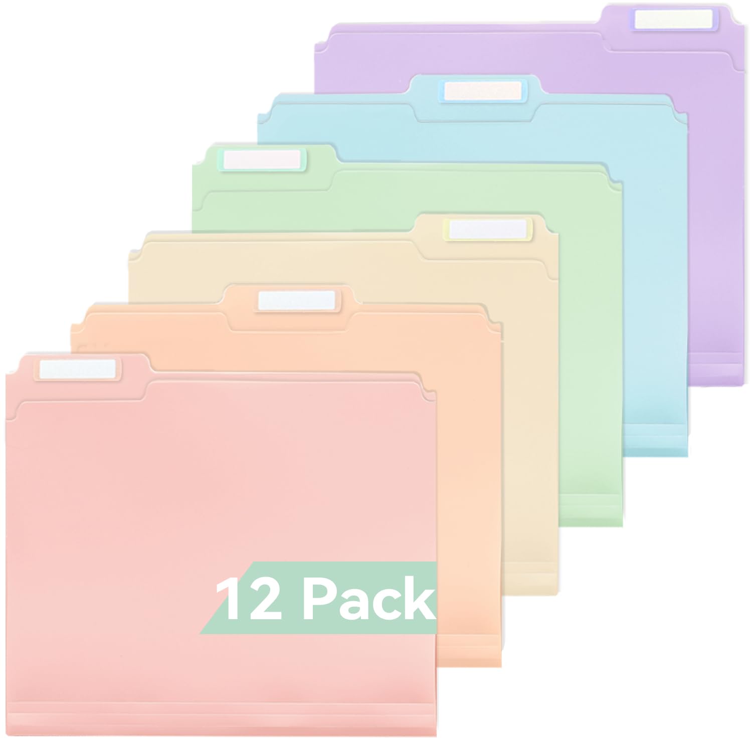 SortRax Plastic Manila Folders 8.5 x 11, 12 Pack, Poly Pastel File Folders, 1/3-Cut Tabs with Colorful Labels, Letter Size