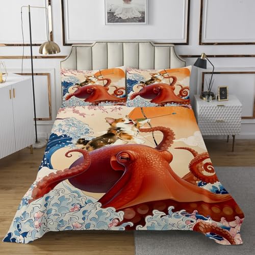 Erosebridal Japanese Style King Quilt Set Fun Corgi Dog Octopus Coverlet Set for Kids Children, Sea Ocean Wave Bedding Set Kawaii Dog Squid Bedspread Set, Chic Cherry Blossoms Bed Quilt
