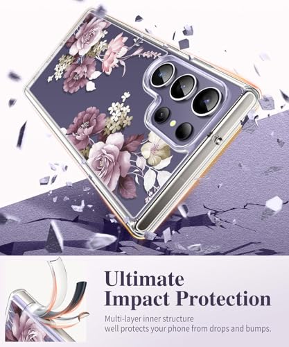 Image of Elzzi Clear Transparent Flower Cover for Samsung S24 Ultra 5g Case Shockproof Case Floral Design Camera Protection Shockproof PC+TPU Transparent Flower Cover for Girls & Women 2024 6.8 inch (Deep Purple)