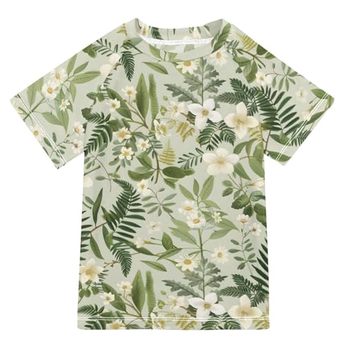 ALAZA Boys Swim Shirts Toddler Rash Guard Short Sleeve Rashguard Green Plant Flowers UPF 50+ 11-12T