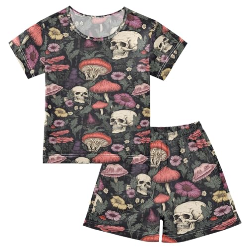ALAZA Skull Flowers Mushroom Pajama Set Short Sleeve Sleepwear Soft Lounge Nightwear