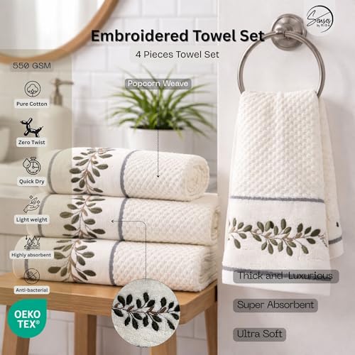 Image of SENSES By Riba Cotton Embroidered Towel Set, 550 GSM Soft & Absorbent, Antimicrobial, Oeko-Tex Certified | Ideal for Home & Gifting, Pack of 4 (2 Bath 27 inchX50 inch + 2 Hand Towels 16 inchX26 inch) - Style 19