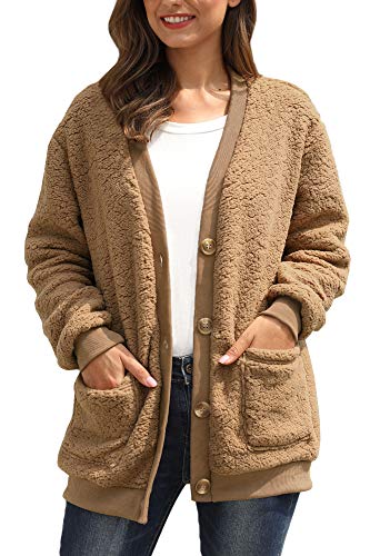 Women Button Fluffy Sherpa Jacket Long Sleeve Winter Pockets Fleece Cardigan Coat Khaki XL