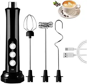 Misturador Elétrico Portátil Sem Fio, Batedor com 3 Velocidades, Recarregável USB, Aço Inox, para Café, Ovos, Bebidas (Preto)