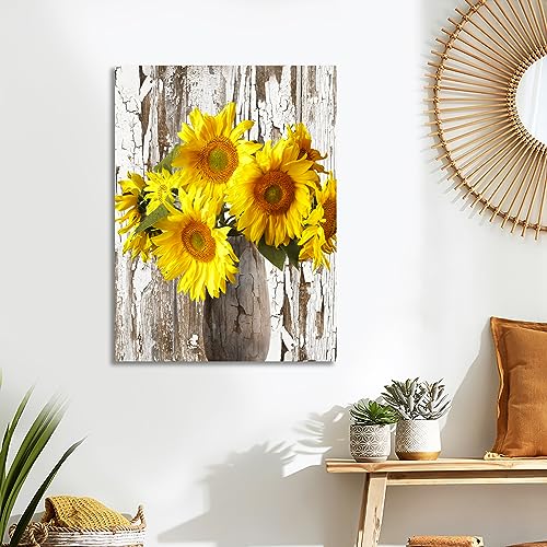 Wooden Framed Rustic Yellow Sunflower in Vase Canvas Wall Art Canvas Print Picture Farmhouse Cottage Countryside Painting Poster Home Office Gallery Bedroom Bathroom Wall Decor Ready To Hang 40x60cm - Image 3