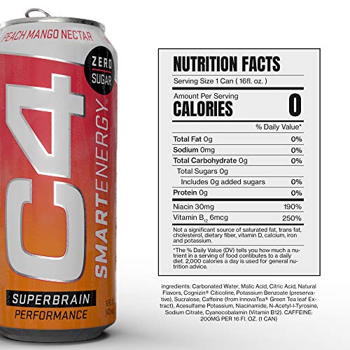 C4 Smart Energy Drink - Sugar Free Performance Fuel & Nootropic Brain Booster, Coffee Substitute Or Alternative | Peach Mango Nectar 16 Oz - 12 Pack #TOP2