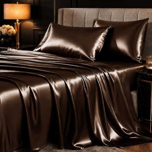 Image of CozyLux Satin Sheets Queen, 4-Piece 14-Inch Deep Pocket Sheet Set | OEKO-TEX Certified Silky Soft Sheet Set for Hair & Skin, Luxurious Silky-Smooth Satin for Elegant Bedroom Decor, Brown