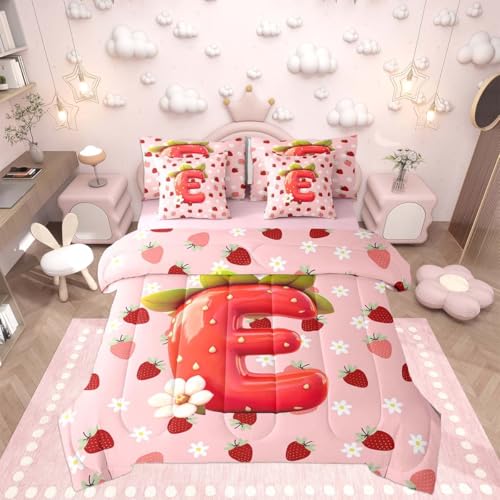 Image of Feelyou Girls Pink Red Strawberry Comforter Set with Sheets 7 Piece Full Size Initial Letter E Bedding Set for Kids Boys Girls Princess Strawberry Bed in a Bag Room Decor Soft Lightweight Microfiber