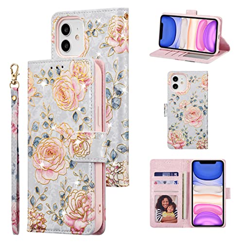UEEBAI Wallet Case for iPhone 11, PU Leather Phone Case Kickstand RFID Blocking Flip Case with Card Slots Wrist Strap Relief Engraved Pattern Magnetic Closure Folio Case - Purple Rose