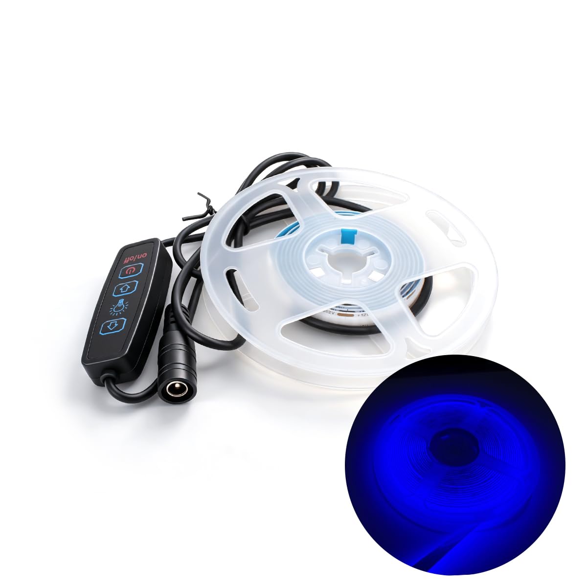 Innfeeltech 1M COB LED Light Strip, 8mm Width 12V Blue 320LEDs/m Light Strip, Dimming Button with DC Connector