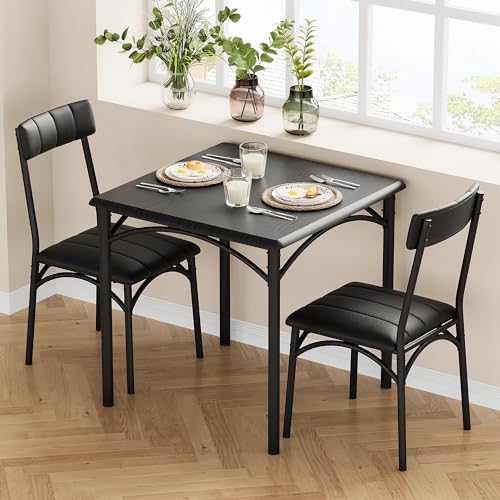 GarveeMore 3-Teiliges Esszimmer Set für 2 Personen, Esstisch klein & 2 Gepolsterte Stühle, Metall & Holz Design, Kleiner Küchentisch Tisch Essgruppe Mit 2 Stühlen für Kleine Räume Küche, Schwarz