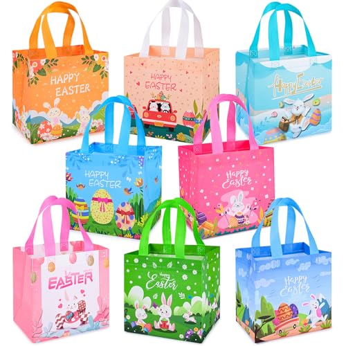 Iioscre 8 PCS Easter Gift Bags, Reusable Easter Basket with Handles, Non woven Treat Bags Tote Bags for Kids Easter Egg Hunt Game Party Supplies