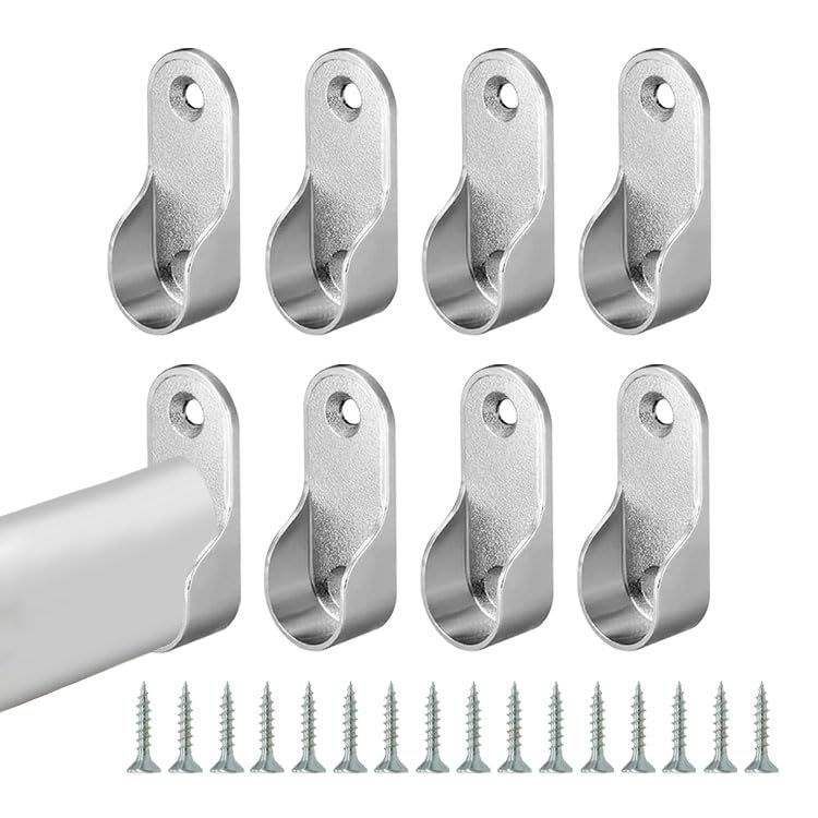 Clothes Rail Holder, 19 mm Oval Clothes Rail Holder, Zinc Die-Cast with Screws, 8 Pieces, Nickel-Plated Wardrobe Rail Bracket, Metal Wardrobe Rail Holder for Clothes, Rod Holder