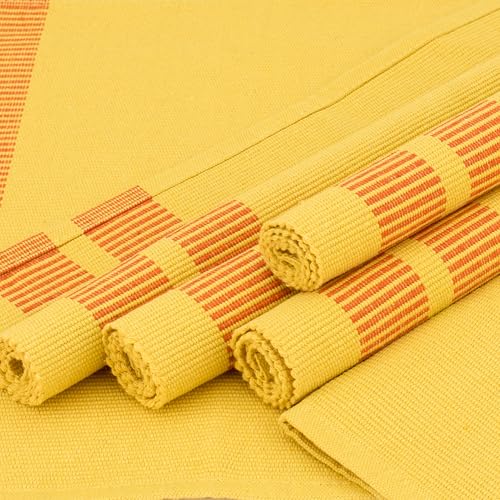 Image of Encasa XO Dining Table Mats Set of 6, Ribbed Cotton Table Mat 46x32 cm | Handmade Heat Resistance Table Placemats, Non Slip, Washable & Durable Place Mat for Centre Table, Living Room Ladder Lemon