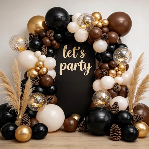 Image of Brown Black Balloon Arch Kit, Sand White Gold Black Tan Balloons Dark Brown Beige Gold with Confetti Balloons Garland for Wild Western Cowboy Country Birthday First Rodeo Party Decoration