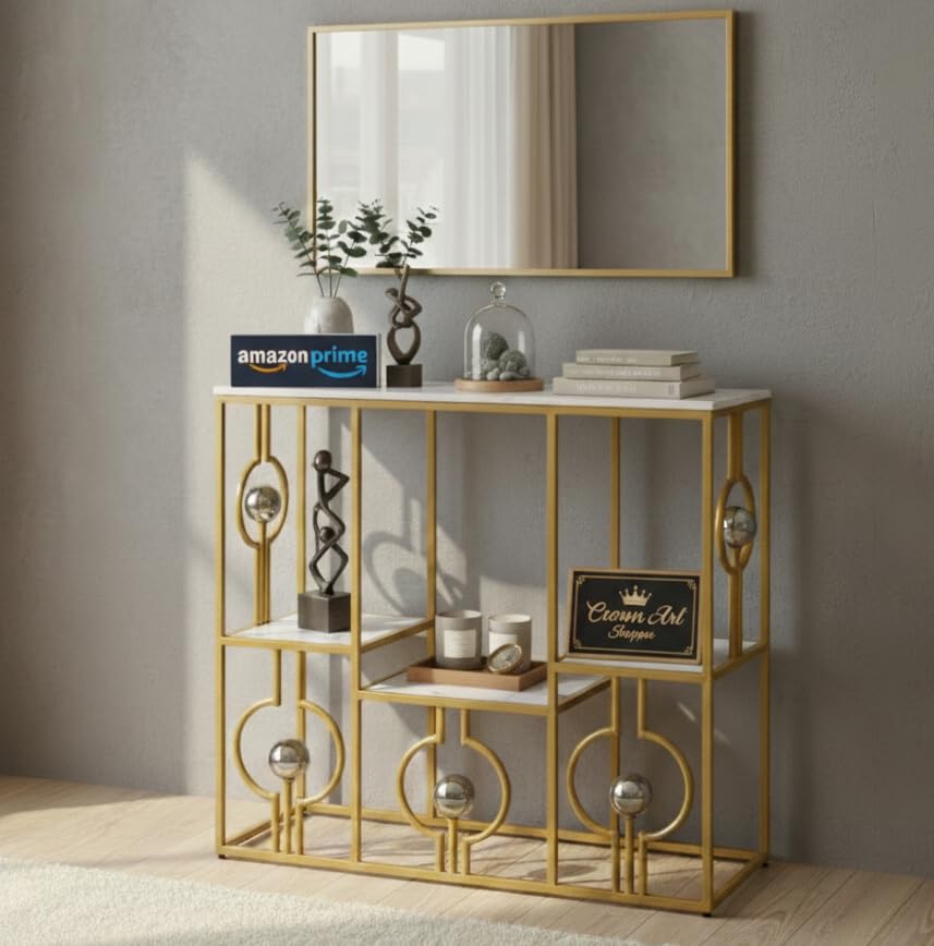 Image of Console Table with Storage, Modern Engineered Wood, Gold Metal Frame with Decorative Spheres, 30x30x7.5 Inch (White Gold)