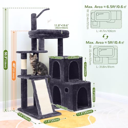 Image of Globlazer Cat Tower for Indoor Adult Cats, 50-inch Heavy Duty Cat Tree House for Big Cats with Extra-Large Padded Platform, Sisal Scratching Board, 2 Large Condos, F50, Dark Grey