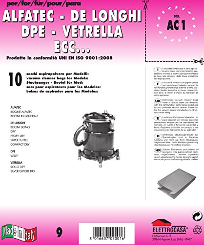 Elettrocasa AC1 Lot de 2 x 10 Sacs en Papier pour Protection moteur d’Aspirateurs Bidons