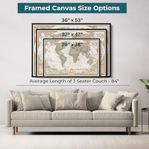 Image of Executive World Push Pin Map - National Geographic Antique Style Canvas Travel Tracker - Large Framed Wall Decor - Natural Float Frame - 30 inch x 45 inch