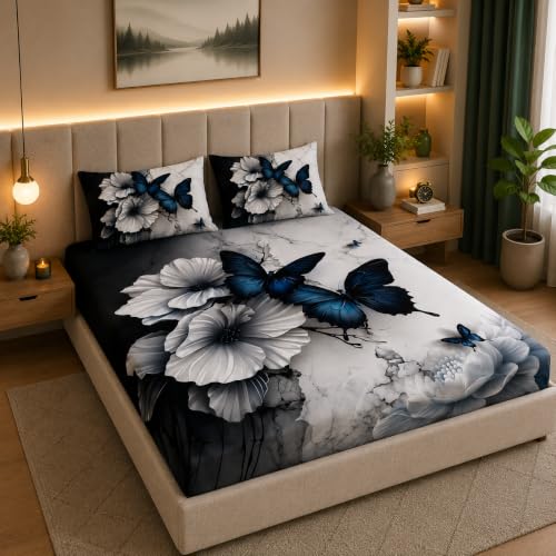 Image of 7D Digital Printed King Size Bedsheet with 2 Pillow Covers | Soft Premium Cotton Feel Microfiber Double Bed Bedsheet | Wrinkle Free & Fade Resistant | (BLUEbutterfly, King Size - 90 x 100)