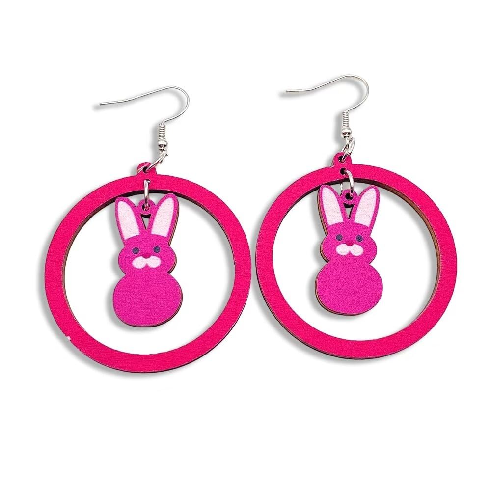 Zhang shineHandmade Easter Earrings for Women Girls Cute Cartoon Wooden Hollow Round Easter Bunny Earrings Colorful Wood Easter Chick Rabbit Earrings Happy Easter Jewelry Gifts