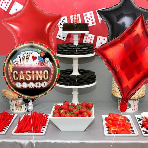 Image of AMFIN (Pack of 25) Casino Theme Foil Balloon Set, Elevate Your Party, Diamonds - Black, Red