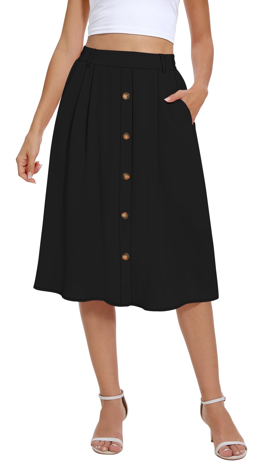 Yincro Women's Flowy Midi Skirt Summer Pleated High Waisted Casual Button Front Skirts with Pockets