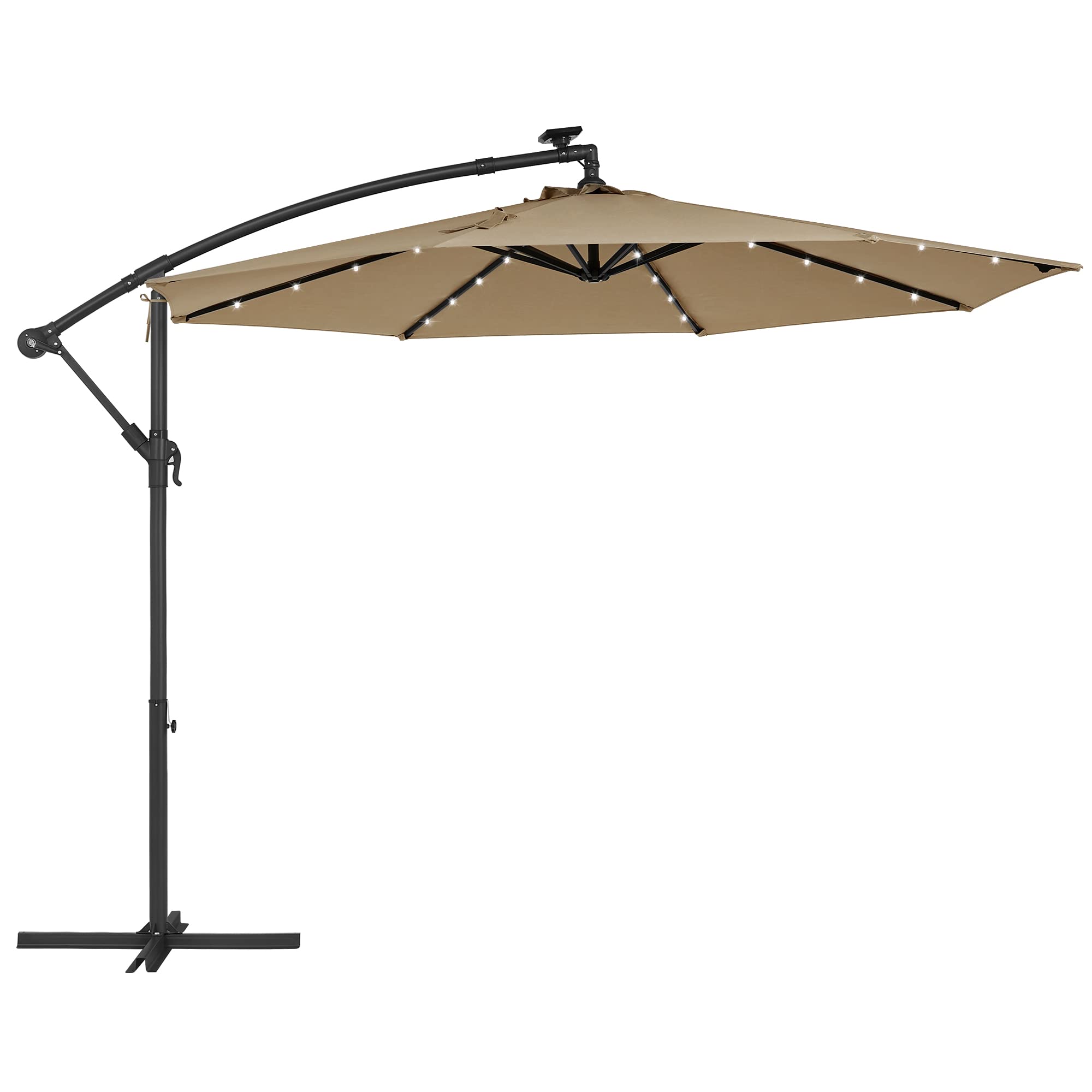 SONGMICS Sombrilla Terraza Exterior, Sombrilla Descentralizada con 32 Luces LED Energía Solar, Sombrilla Ø 3 m con Base, Protección UPF 50+, Fácil de Abrir y Cerrar